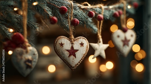 Rustic heart ornaments on pine branch with glowing holiday lights