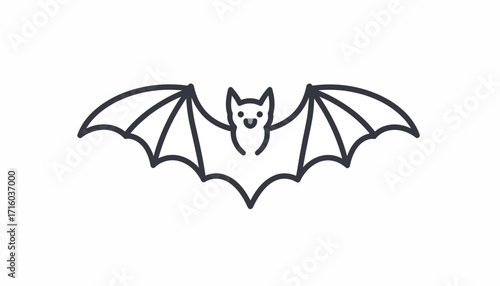 Vector line art icon of a smiling bat with spread wings, designed in a bold minimal style, ideal for Halloween, wildlife, or general graphic design elements