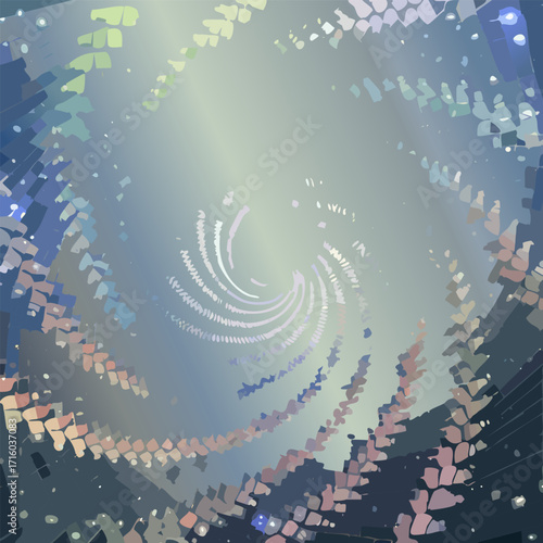 Mesmerizing abstract digital artwork featuring a vibrant vortex of fragmented mosaic elements, swirling gracefully in cool tones for a dynamic and modern visual experience