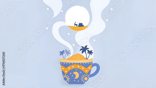 Stylized illustration of a teacup with a desert landscape and moon above on a light blue background
