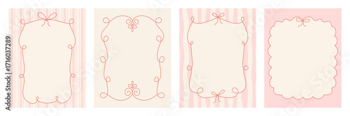 Cute coquette frames with lines, bows, ribbons. Vintage hand drawn whimsical borders set. Design templates for greeting cards, wedding invitations, birthday, baby shower. Vector trendy illustration