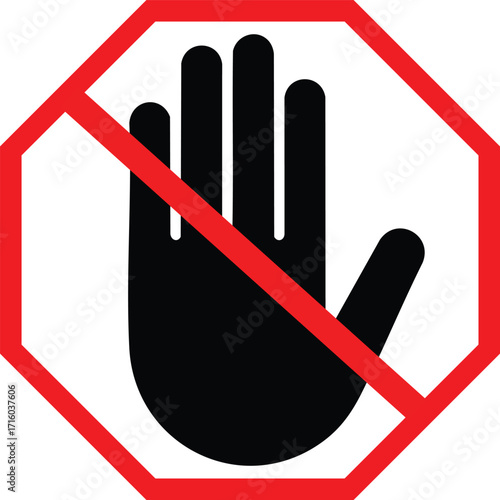 A graphic symbol of a black hand inside a red octagonal stop sign with a diagonal line, indicating prohibition or no entry.