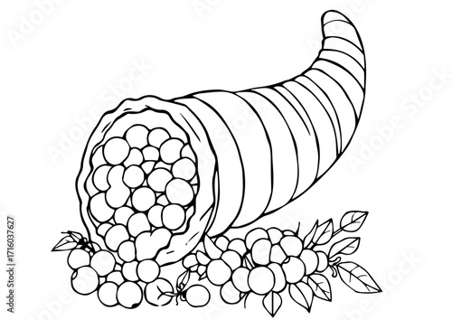 Cornucopia filled with fruits and leaves for thanksgiving day  
