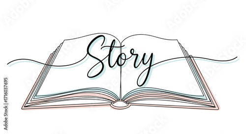 Open book illustration with the word 'Story' in an elegant minimalist design copy space