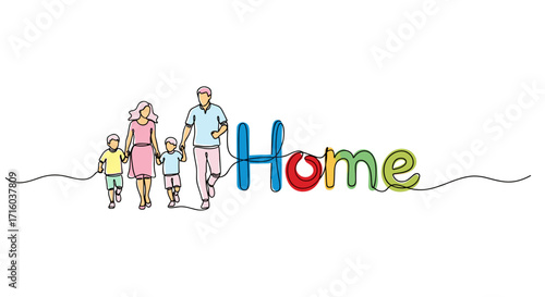 Family walking together with colorful letters spelling 'Home' in a cheerful design copy space