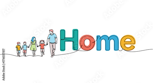 Family walking together with the word 'Home' in a colorful and playful design copy space
