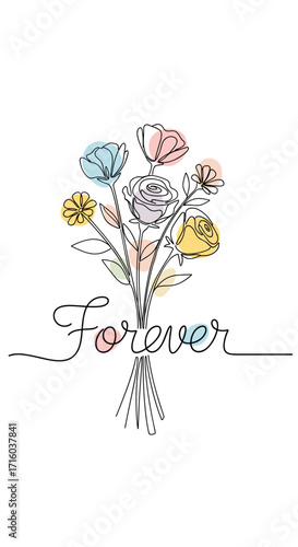 Colorful flower bouquet with the word 'Forever' in a charming minimalist style copy space
