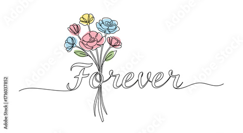 Colorful flower bouquet with the word 'Forever' in a charming minimalist style copy space
