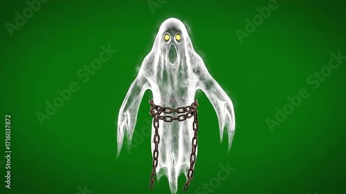 Ethereal ghost with glowing eyes and chains, appearing spooky and mysterious on a green background.