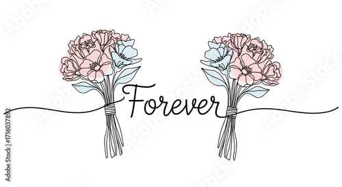 Two flower bouquets with the word 'Forever' in a minimalist artistic style copy space