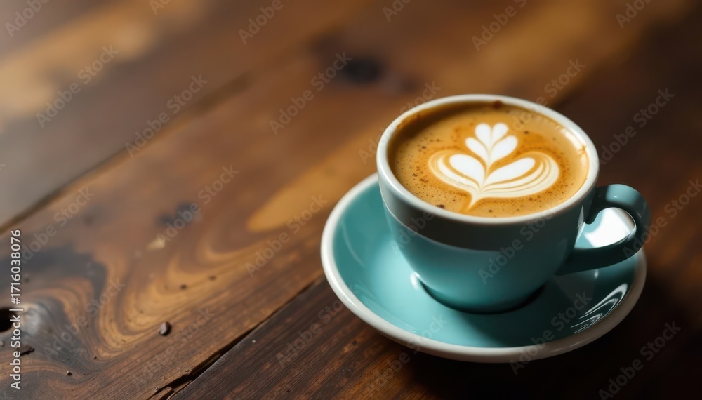 Obraz premium Espresso in small cup, wooden surface, copy space above, texture, copy space, top