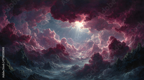 A hyper-detailed cosmic painting of radiant beams piercing storm clouds, casting divine light over fallen angels, faces filled with despair, dark wings battered,