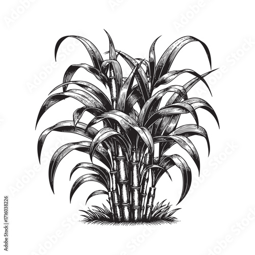Vector of sugarcane plant Black and white engraved ink art, isolated on white background.