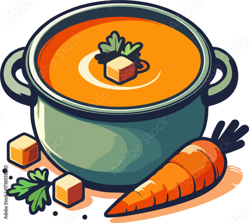 Cartoon Vector Illustration of Carrot Soup in Pot with Fresh Carrot, Parsley Garnish, and Croutons for Healthy Vegan Recipe Design