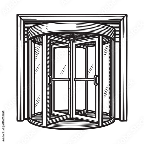 revolving door engraving vector illustration. Scratch board style imitation. 