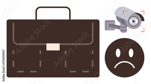 Briefcase with a surveillance camera and sad face icon, illustrating privacy concerns. Ideal for themes thumbs up security, surveillance, workplace monitoring, corporate ethics, data protection