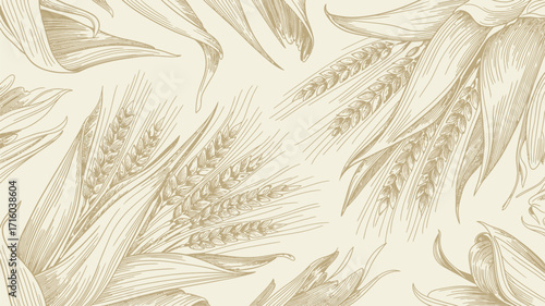 Wheat stalks and leaves in a repeating pattern on a light background creating a textured design