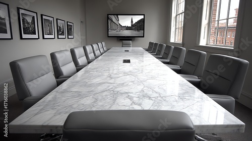 A long conference table with grey leather chairs dominates a well-lit room, suggesting a formal business setting designed for collaborative discussions and important decision-making.