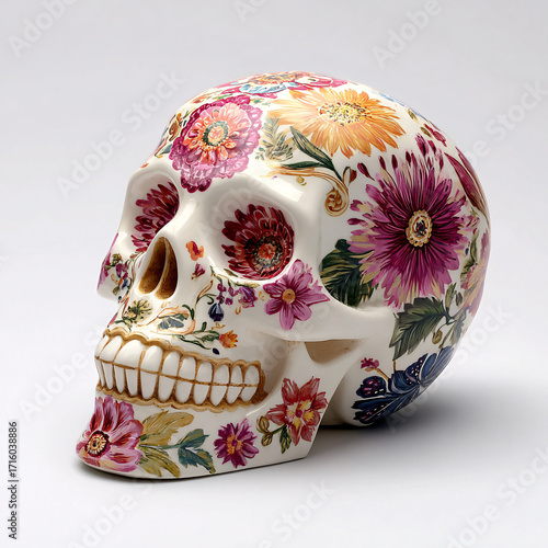 Wallpaper Mural A decorative skull with intricate patterns and bright flowers, representing Día de los Muertos in a vibrant and respectful manner. Torontodigital.ca