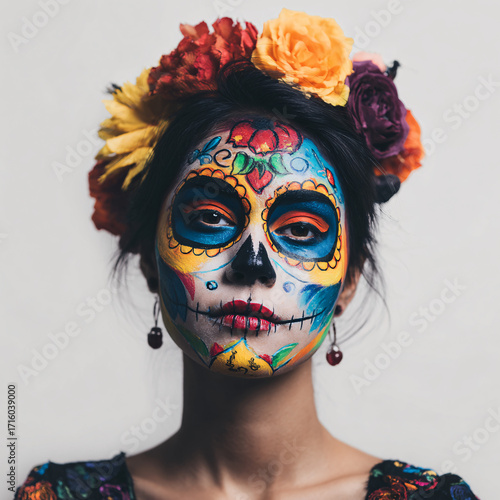 A face painted in bright colors with a sugar skull design, a popular tradition during Día de los Muertos to honor the deceased.