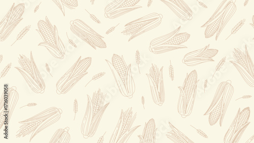 A repeating pattern of corn cobs and wheat stalks in a light beige color scheme, sketched design style