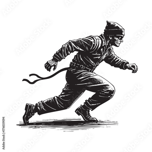 Spy wear mask running vector hand drawing, isolated on transparent background.