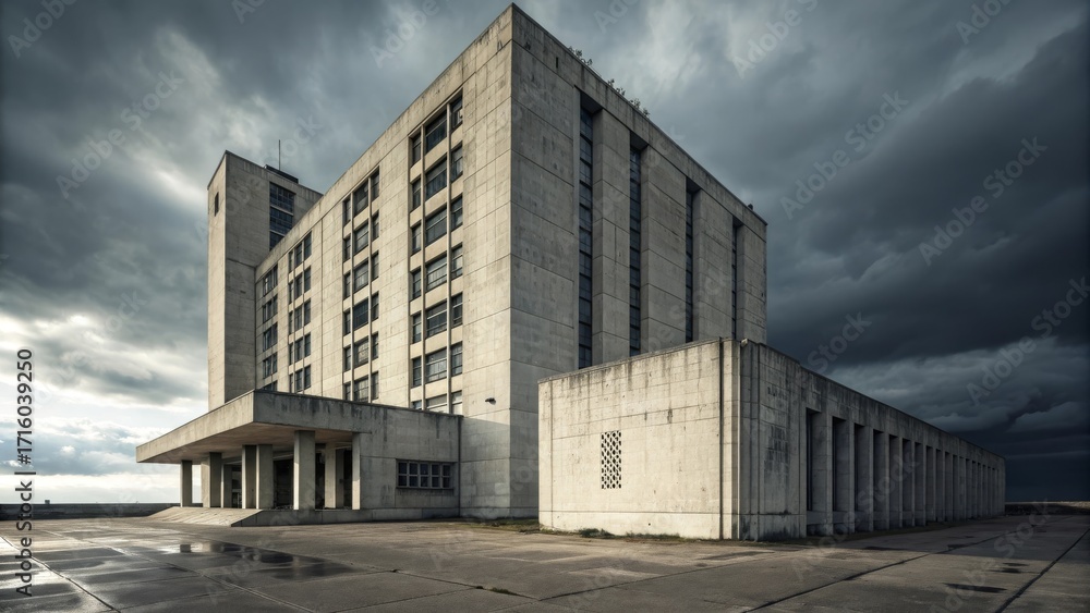 Obraz premium imposing concrete brutalist building under dramatic stormy skies