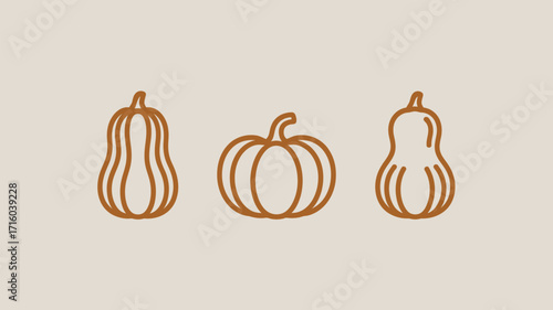 Three simple brown outline drawings of pumpkins and butternut squash on a light background image