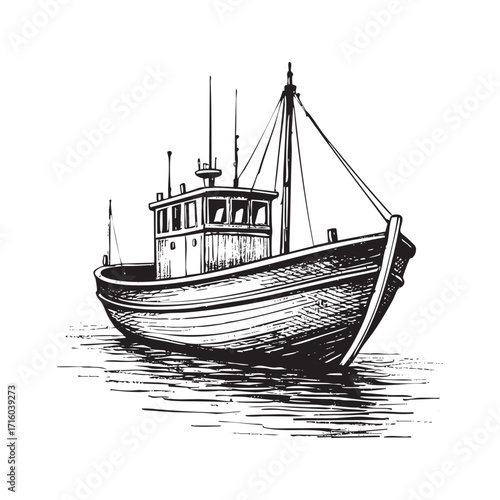 Illustration of fishing boat in Black and White Illustration
