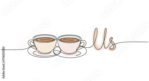 Two coffee cups symbolizing togetherness with the word 'Us' in a minimalist artistic style copy space