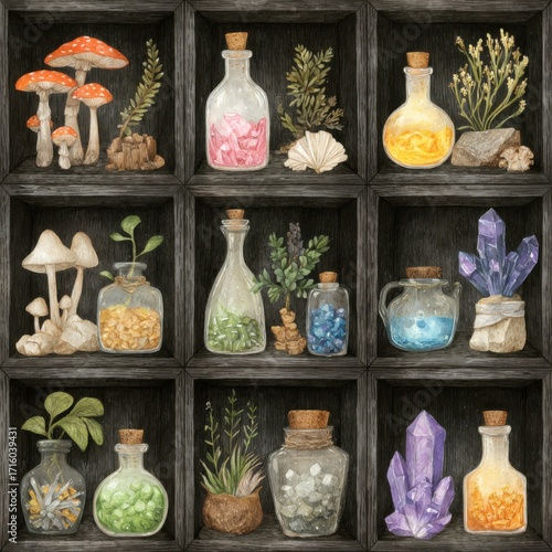 A collection of 8 magical potion illustrations in a vintage apothecary 
