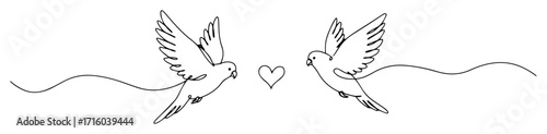 one continuous line drawing of two doves with a heart love birds concept