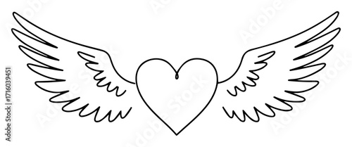single one line drawing of a heart with wings love and romance symbol