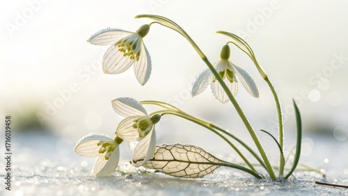delicate white snowdrops with shimmering dew on frosty spring morning