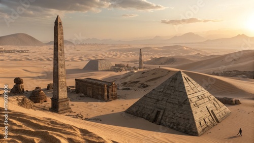 ancient desert landscape with pyramids and obelisks at sunset, historical ruins