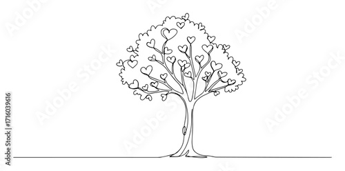 love tree with heart shaped leaves line art