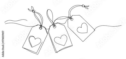 three heart shaped gift tags hanging line art