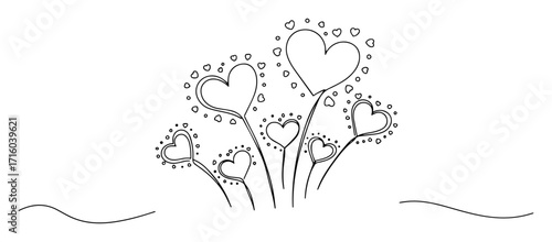 one continuous line drawing of a bouquet of heart flowers love concept