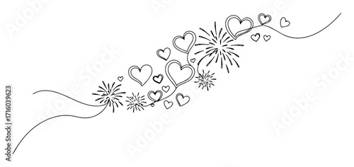 hearts and fireworks celebration line art