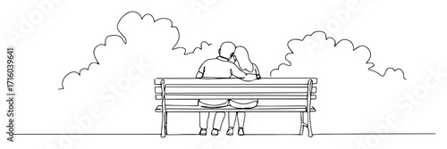 single one line drawing of a couple sitting on a park bench romance concept