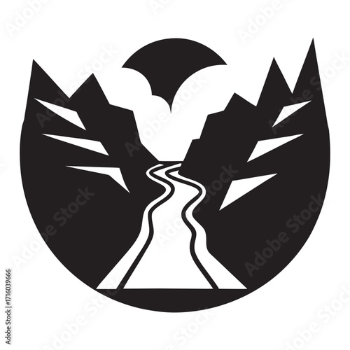 Stylized jagged desert canyon silhouette with dramatic landscape and sky elements