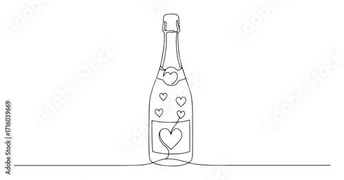 single one line drawing of a champagne bottle with hearts celebration symbol
