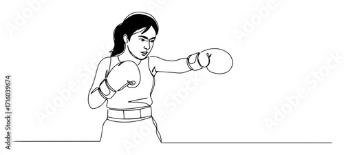 single continuous line drawing of a woman boxer in fighting stance power