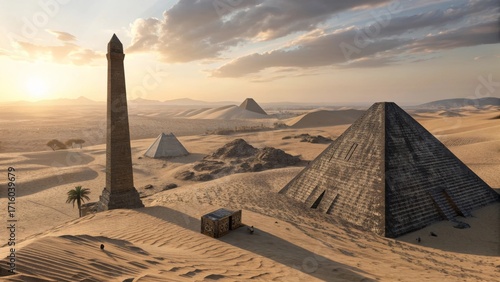 ancient desert landscape with pyramids, obelisk, and golden sunset