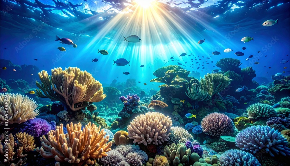 Obraz premium Vibrant Coral Reef Ecosystem with Sun Rays