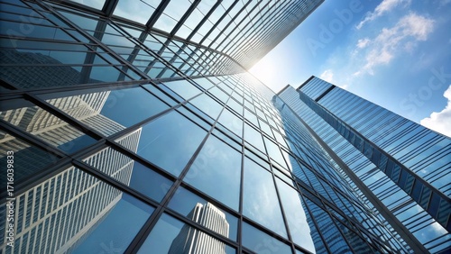 dynamic reflections on contemporary glass skyscrapers under bright blue sky