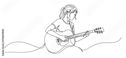 continuous line woman playing acoustic guitar vector