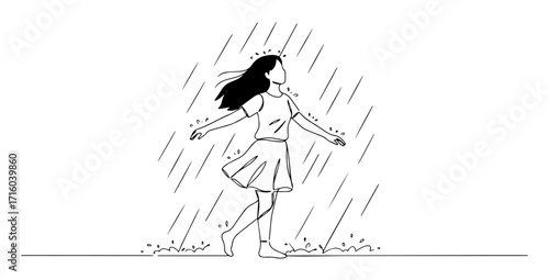 girl enjoying rain with open arms line art