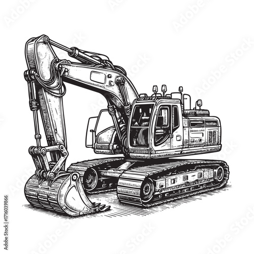 excavator Black and White Engraved Style