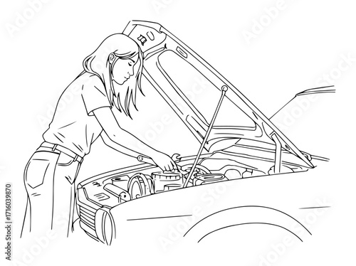 woman checking car engine hood open line art